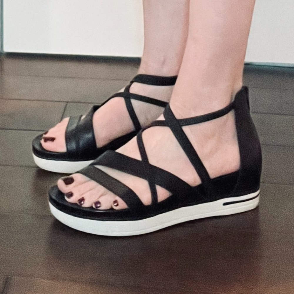 EILEEN FISHER Black Sway Leather Ankle Strap Platform Wedge Sandals 8